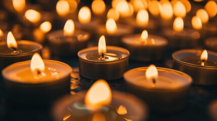 Memories day, candles on dark surface.