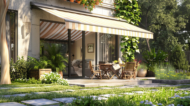 A 3D illustration depicts an awning extending over a house terrace, creating a comfortable outdoor space for relaxation and leisure activities.