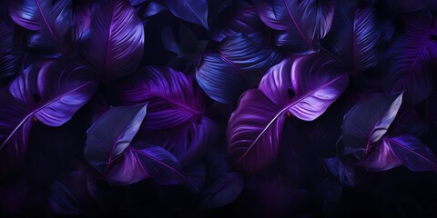 Purple tropical leaves background, top view, flat lay, copy space.