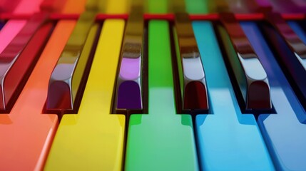 Closeup detail beautiful rainbow colorful piano keys in the dark background. AI generated
