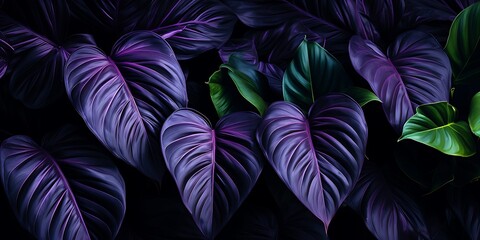 Purple tropical leaves background, top view, flat lay, copy space. - obrazy, fototapety, plakaty