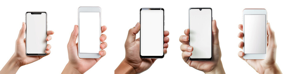 Hand holding a white screen smartphone on white isolate. - obrazy, fototapety, plakaty