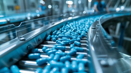 Conveyor Belt Filled With Blue Pills