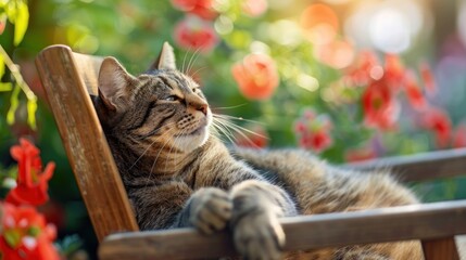 Portrait a lazy cat on a wooden chair around beautiful flower garden background. AI generated - obrazy, fototapety, plakaty