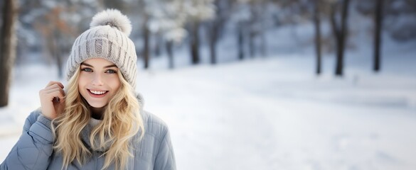 Beautiful young girl wearing warm suit and hat in winter season on ice mountain with copy space for text