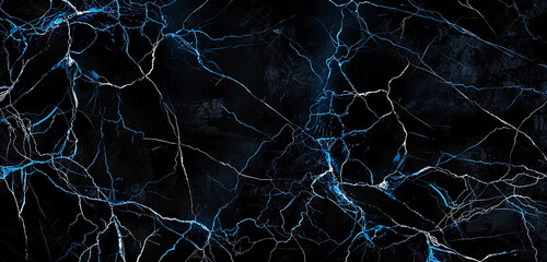 An expansive slab of black marble, the surface broken by a chaotic network of electric blue veins, each one pulsing with life and energy, as if lit from within. 32k, full ultra HD, high resolution
