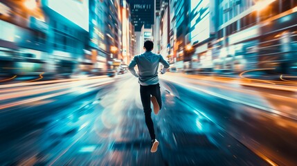 Fototapeta premium Man Running Down City Street at Night