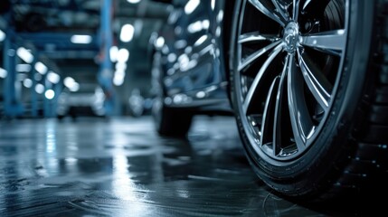 Close up side view car tires in the car repair workshop background. AI generated - obrazy, fototapety, plakaty