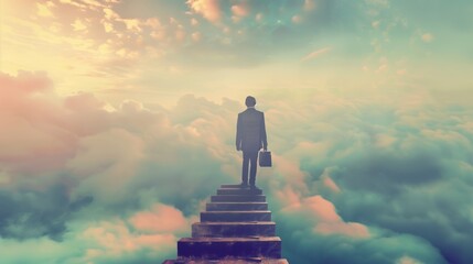 Man Stands on Stairway in Clouds - obrazy, fototapety, plakaty