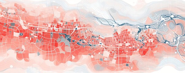 Coral and white pattern with a Coral background map lines sigths and pattern with topography sights in a city backdrop