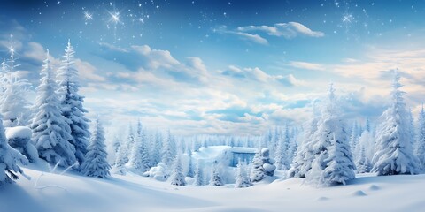Fototapeta na wymiar Winter landscape with snowy fir trees and blue sky. 3d rendering