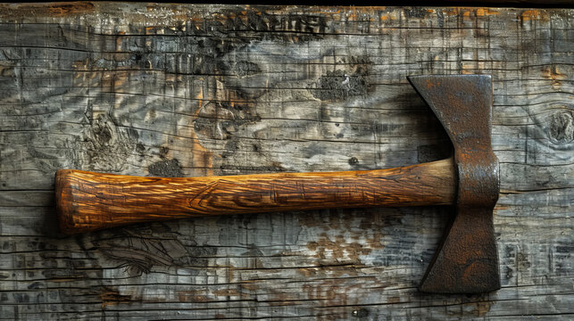 An aged ice-axe rests upon a wooden table, evoking memories of past adventures and mountaineering expeditions.