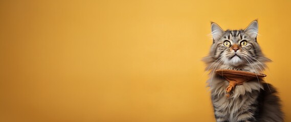 Cute little Pet Cat looking upwards on solid yellow color background