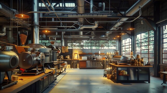 Busy Industrial Kitchen With Modern Appliances