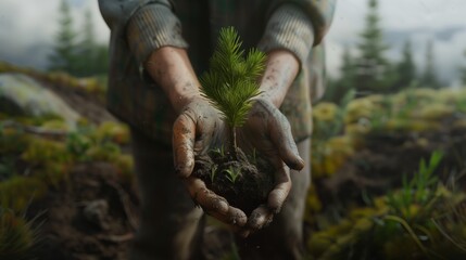 Farmer Holding Small Spruce Tree