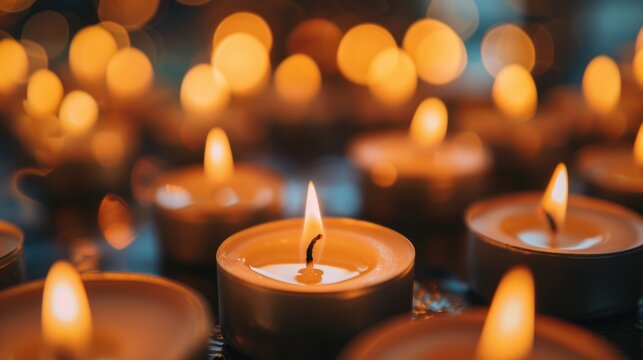 Memories day, candles on dark surface.