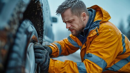Road Assistance Worker in Yellow and Blue Jacket