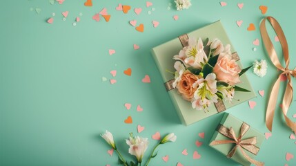 Top view flat lay flowers bouquet and gift box with confetti on light green background. AI generated