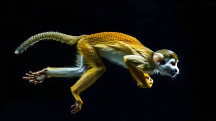 agile motion of a squirrel monkey swinging through the trees - long tail and expressive face - isolated on black background - curious monkey in the jungle - Powered by Adobe