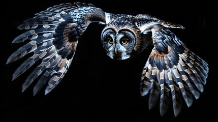 Obraz premium enchanting owl in flight showcasing its silent and predatory motion - isolated on black background - graceful hunter - majestic owl with wings of mystery 
