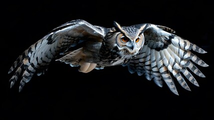 Fototapeta premium enchanting owl in flight showcasing its silent and predatory motion - isolated on black background - graceful hunter - majestic owl with wings of mystery 