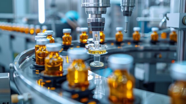 Busy Factory Producing Liquid-Filled Bottles
