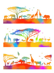 Obraz premium colored abstract African landscape silhouettes of animals. hand drawing. Not AI, Vector illustration