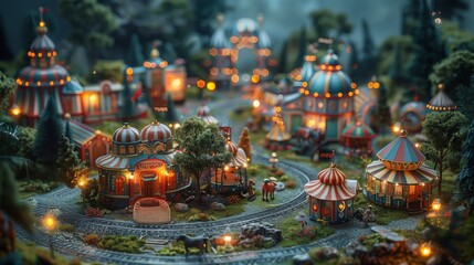 Miniature Town Model With Train Track - obrazy, fototapety, plakaty