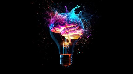 3d illustration light bulb with human brain with colorful splash paint dark background. AI generated