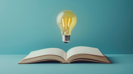 A Yellow light bulb float above open book on isolated on light blue background. AI generated image