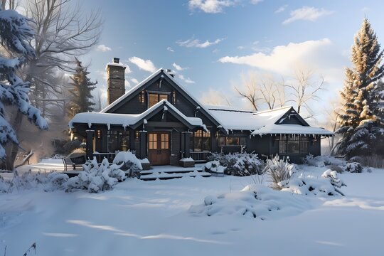 A craftsman house nestled in a snowy landscape, its dark exterior blending harmoniously with the winter scenery.