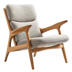 Midcentury modern armchair with light gray fabric upholstery and natural wood frame