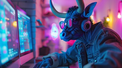 Person in Horned Animal Mask Using Computer