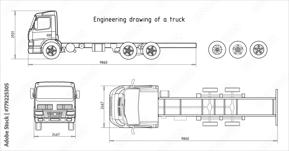 Wall mural vector engineering drawing of truck with trailer with dimensional lines and numerical values of vehi