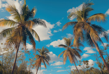 view of palm trees in the sky, blue sky. warm vibrant colors. 