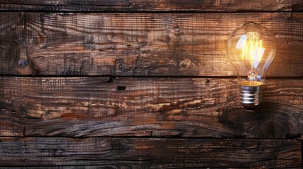 Close up a glowing light bulb on rustic wooden board background. AI generated image - obrazy, fototapety, plakaty