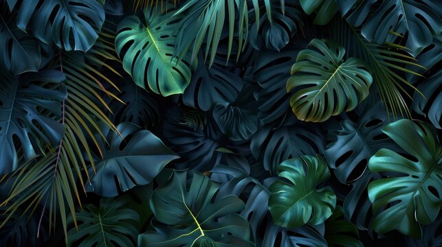 Tropical foliage nature of palms and monstera leaves background. AI generated image