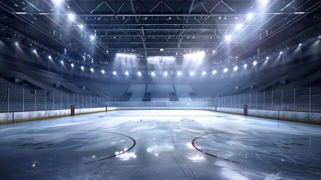 Modern hockey ice rink sport arena stadium with empty field no players. AI generated image