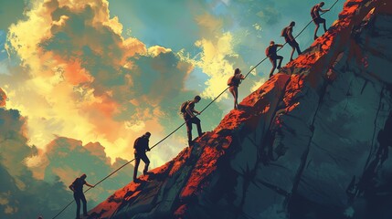 Group of People Standing on Cliff - obrazy, fototapety, plakaty
