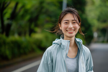 Asian woman in blue outfit exercising outdoor.