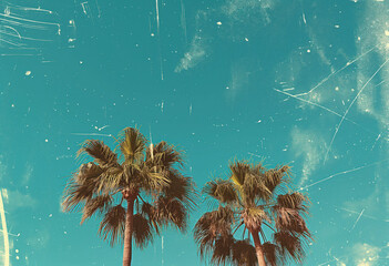 view of palm trees in the sky, blue sky. warm vibrant colors. retro mood