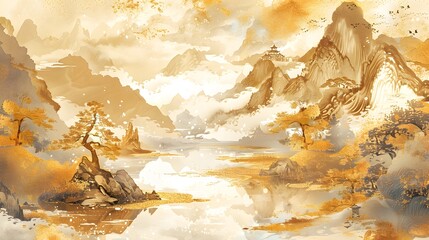 Landscape painting in Chinese style. Golden texture. Ink landscape painting. Wallpaper. Posters....