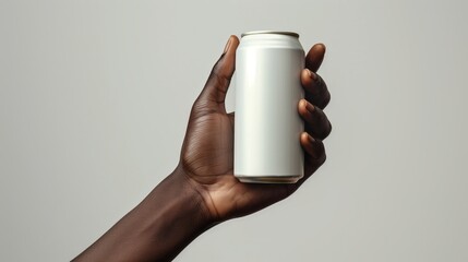 Hand holding a blank white aluminum soda can on white background mockup template design