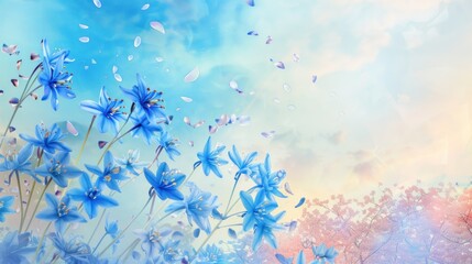 Beautiful blue scilla flowers blooming on watercolor sky background. AI generated image - obrazy, fototapety, plakaty