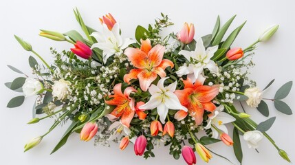 Obraz na płótnie Canvas Top view beautifully lilies and tulips flowers bouquet on a white background. AI generated image