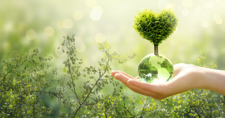 Earth Day or World Environment Day, environmentally friendly concept. Tree in heart shape grows on crystal glass globe in hand on green background. Save planet and nature, sustainable lifestyle theme.