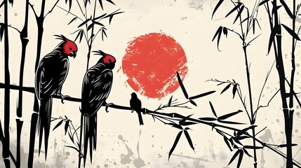 Bamboo silhouette and little parrots sitting on a branch