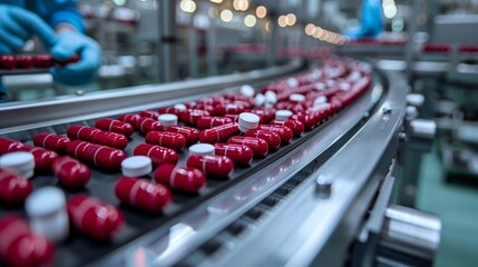 Conveyor Belt Filled With Red and White Pills