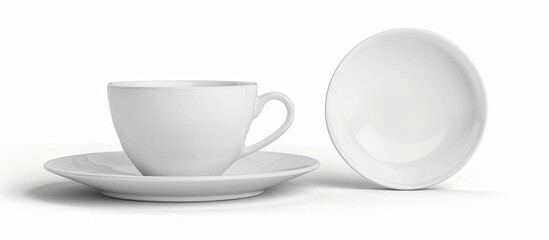 A simple composition featuring a white ceramic cup and saucer resting on a matching plate