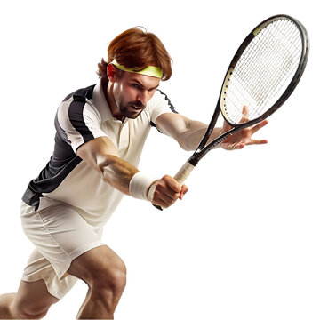 man wearing sportwear playing tennis isolated on white background.